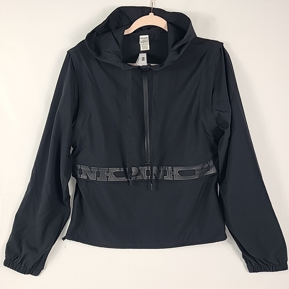 NEW Victoria's Secret PINK Zip It Windbreaker Jacket Half Zip Hoodie Black Sz S